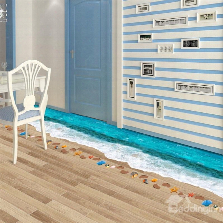 3d Blue Beach Printed Pvc Waterpproof Eco-friendly Floor Stickers