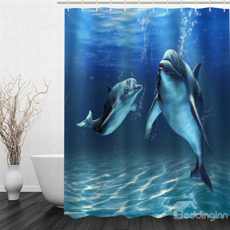 3d Blue Ocean Dolphins Printed Polyester Waterproof Antibacterial Eco-friendly Shower Curtain