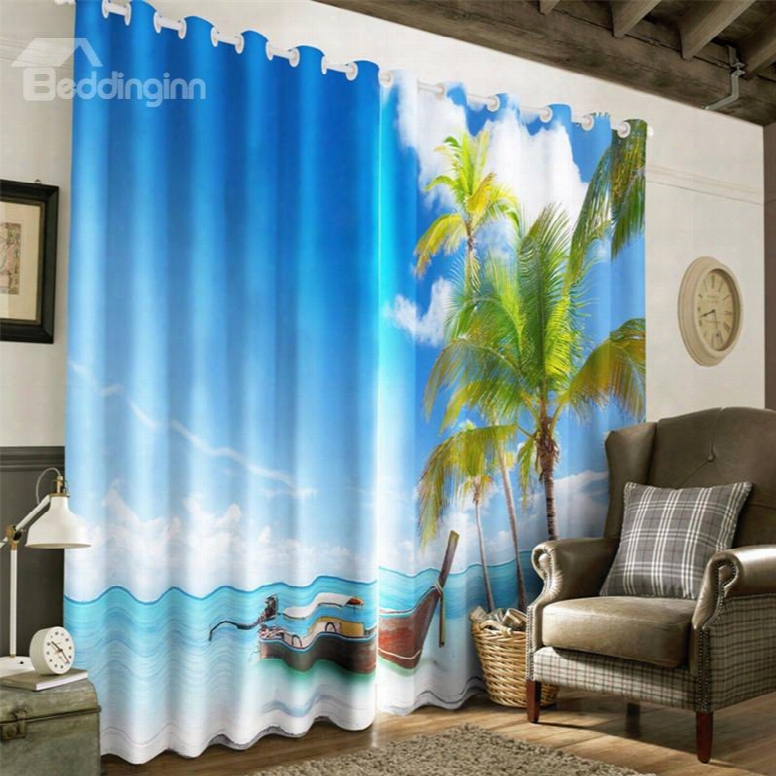3d Blue Sea And Boat Printed Thick Polyester Decorative And Heat Insulation Grommet Top Curtain