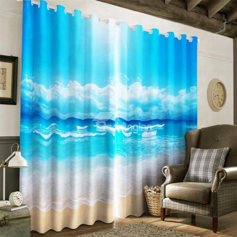 3d Blue Seas And Broad Sky With White Clouds Printed Natural Beauty Grommet Top Curtain