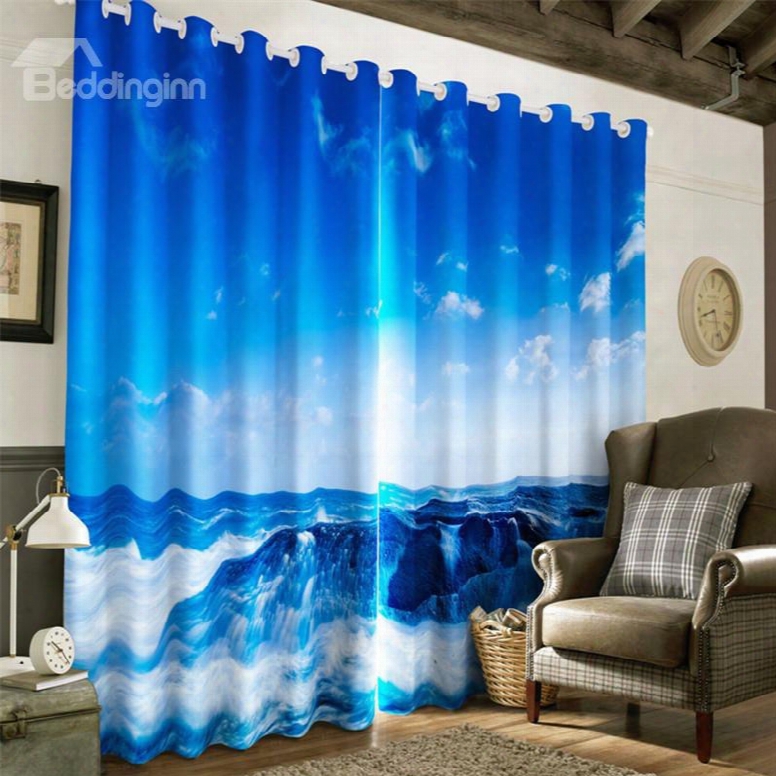 3d Blue Sky And Rolliing Waves Printed Thick Polyester Hmoe And Decorative Home Curtain