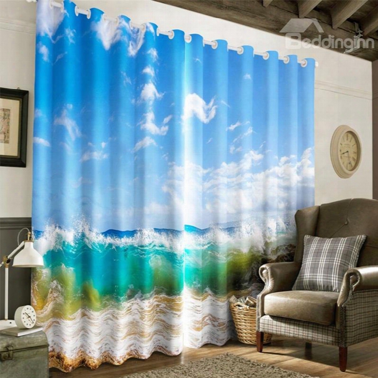 3d Blue Sky With White Clouds And Green Seas Printed Custom Living Room Curtain