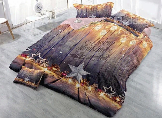 3d Christmas Decorations String Lights Stars Printed Cotton 4-piece Bedding Sets/duvet Cover