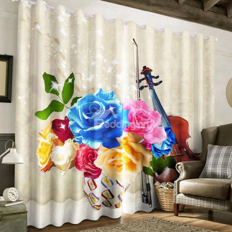3d Colorful Roses Printed 2 Panels Custom Grommet Top Curtain For Living Room