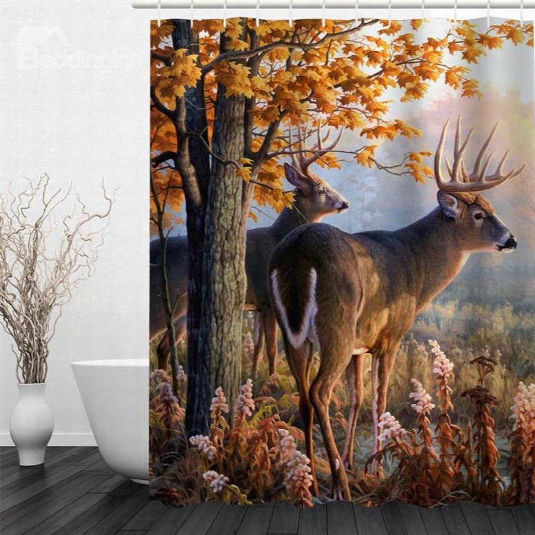 3d Deer Trees Printed Polyester Waterproof Antibacterial Eco-friendly Shower Curtain