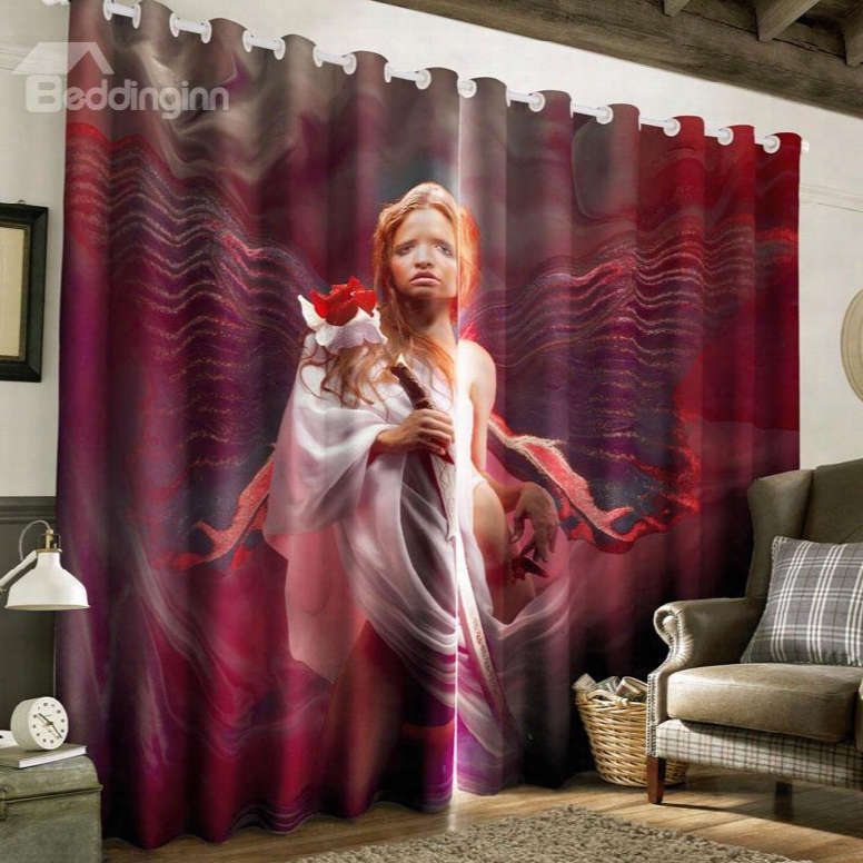 3d Dreamy Lady With A Red Rose Printed Polyester Custom Window Curtain