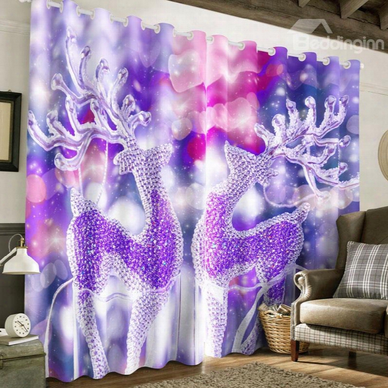 3d Dreamy Purple Crystal Deer Printed Christmas Day Custom Living Room Curtain