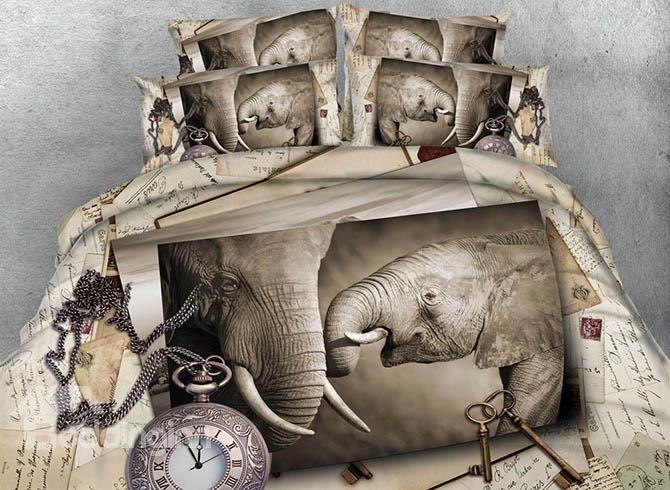3d Elephant And Pocket Watch Printed Retro Style 4-piece Bedding Sets