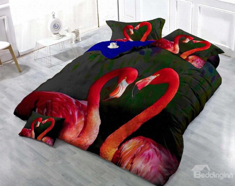 3d Flamingo Printed Cotton 4-piece Luxury Black Bedding Sets/duvet Covers