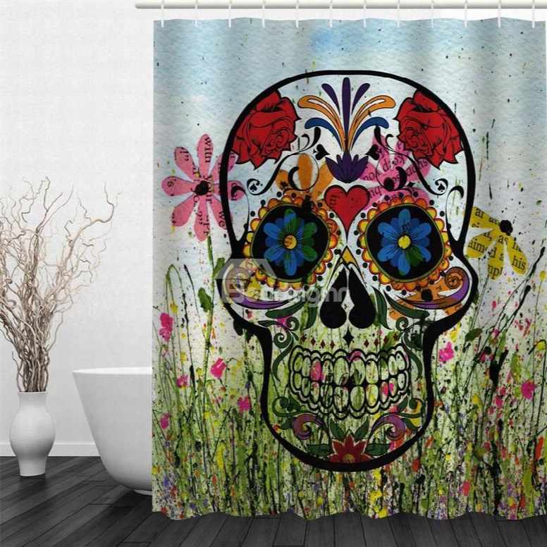 3d Floral Skull Pattern Polyester Waterproof Antibacterial And Eco-friendly Shower Curtain