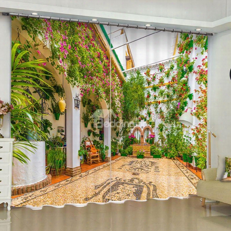 3d Grand House With Flowers Printed Thick Polyester 2 Panels Living Room Window Drape