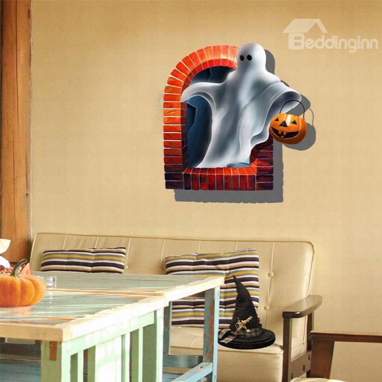 3d Halloween Ghost With Jack-o-lantern Printed Pvc Water-resistant Eco-friendly Removable Self-adhesive Wall Stickers