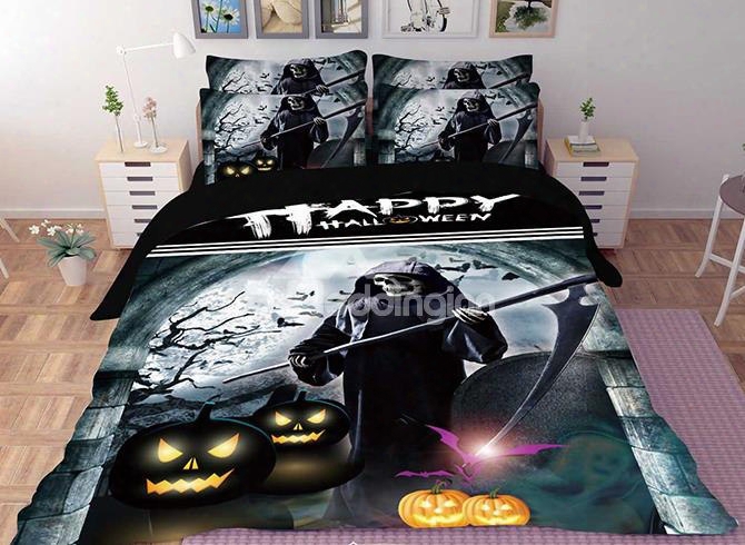 3d Halloween Pumpkin And Skull Printed Polyesyer 4-piece Bedding Setss/duvet Covers