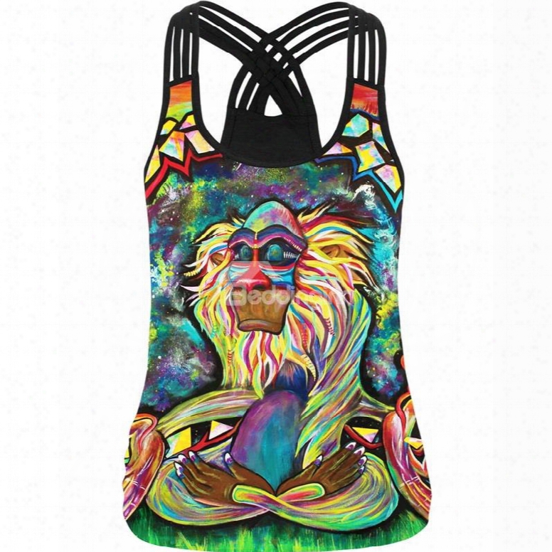 3d Indian Apes Color Pattern Round Neck Sleeveless Vest Tank Top