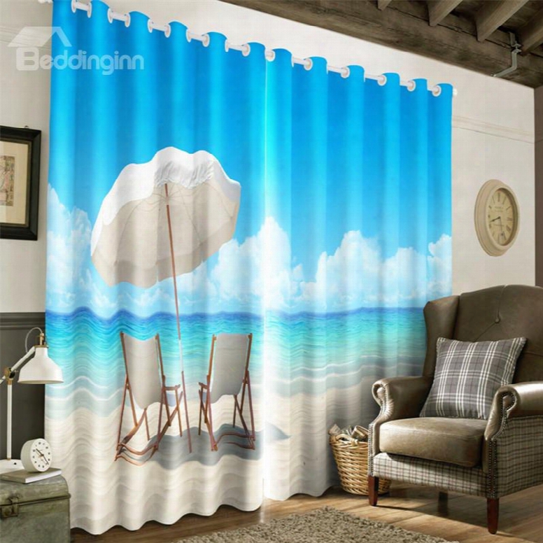 3d Leisure Chair S And Blue Seas Printed Beach Scenery 2 Panels Grommet Top Curtain