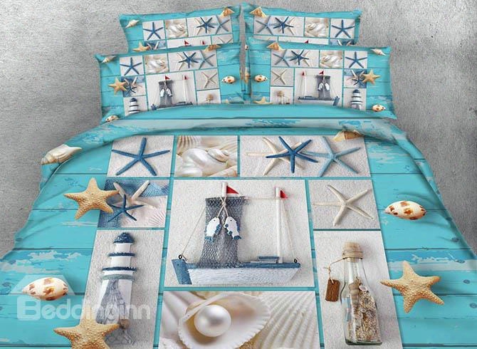 3d Lighthouse And Drift Bottle Printed 5-piece Comforter Sets