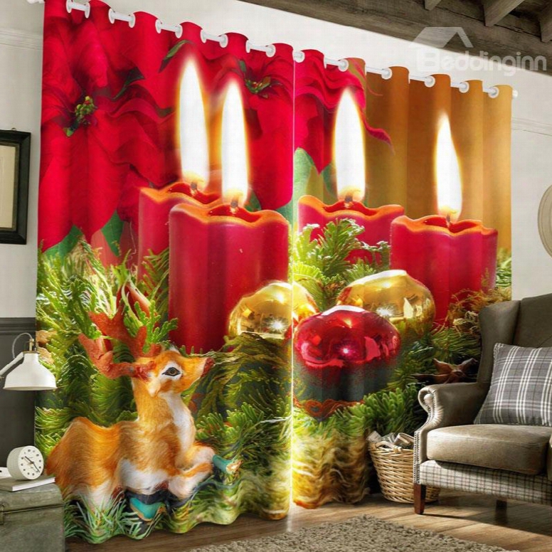 3d Lighting Candles And Lovely Sqirrel Printed 2 Panels Living Room Curtain