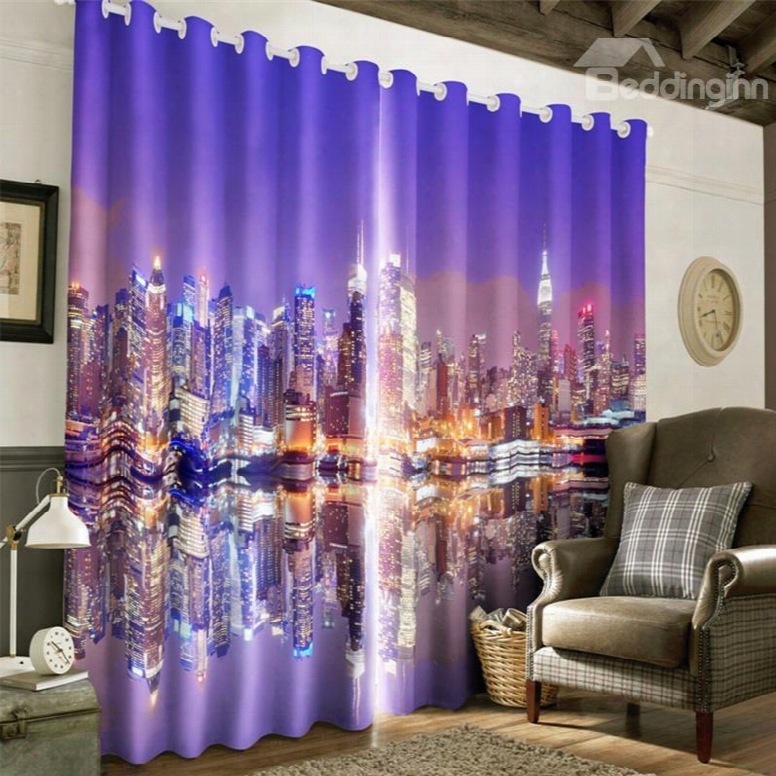 3d Modern City In The Water Night Scenery Printed 2 Panels Living Room Curtain