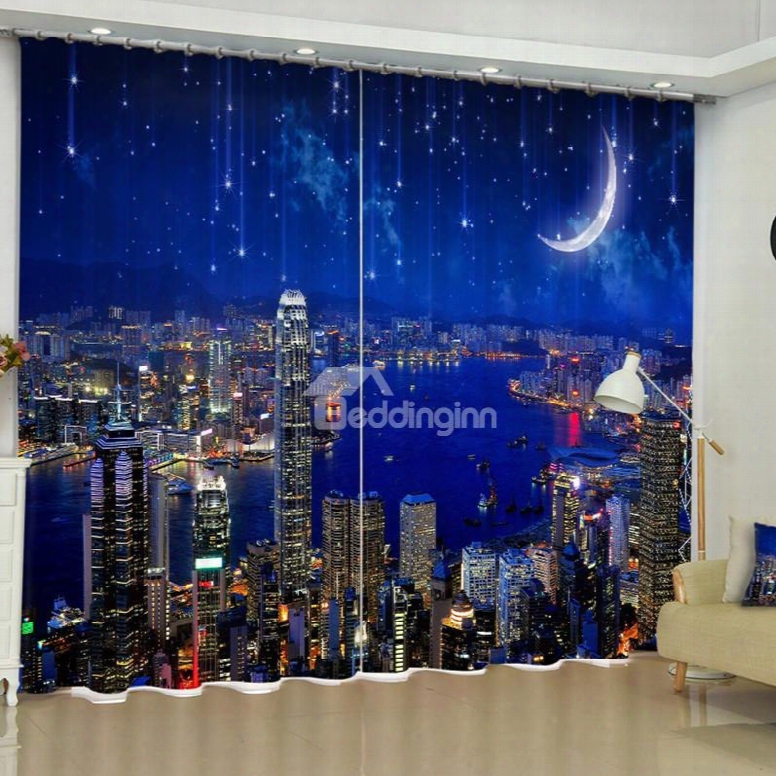 3d Modern City Night Scenery With Blue Sky Printed Custom Living Room Curtain