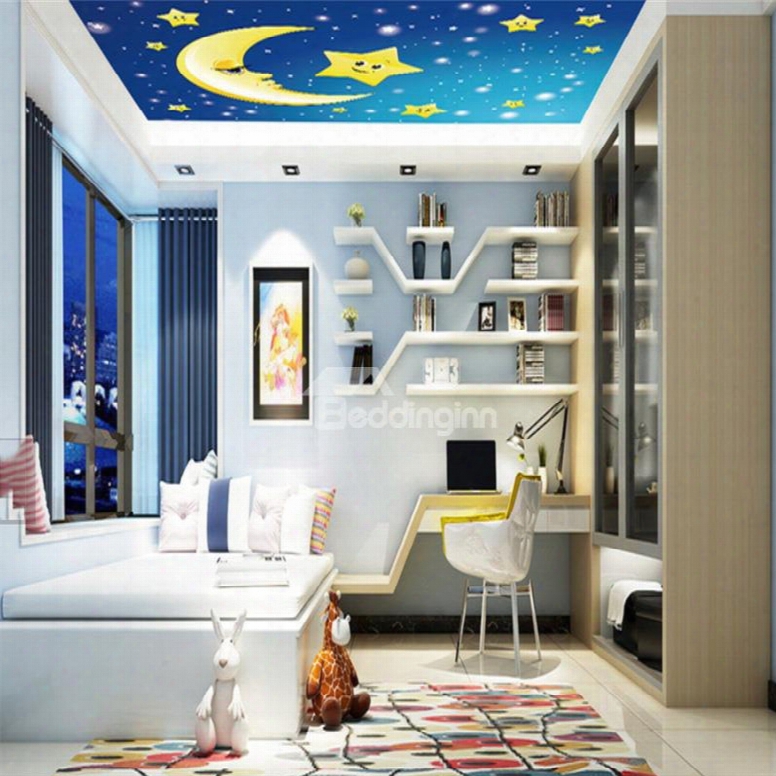 3d Moon Stars Blue Sky Pvc Waterproof Sturdy Eco-friendly Self-adhesive Ceiling Murals