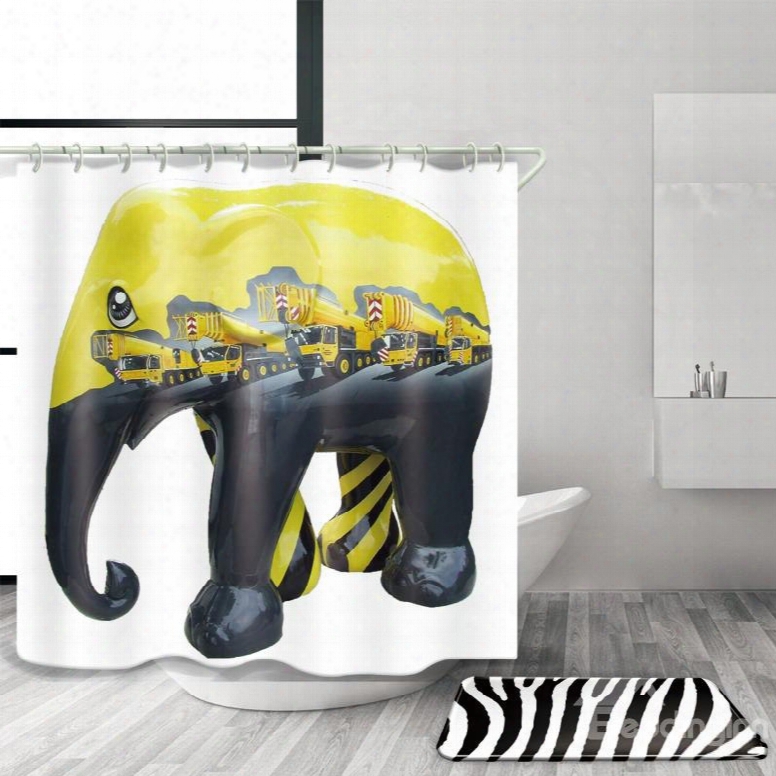 3d Mouldproof Elephant And Crane Printed Polyester Yellow Bathroom Shower Curtain