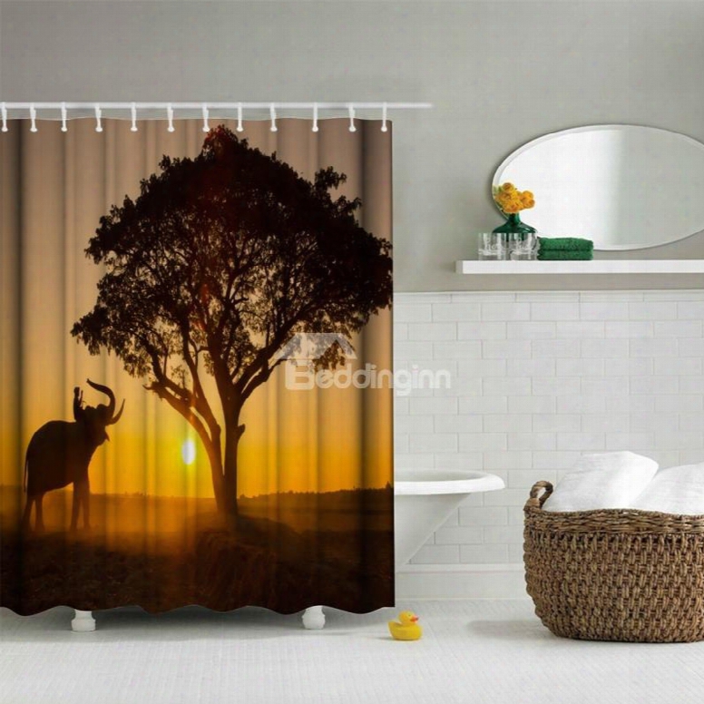 3d Mouldproof Elephant And Tree In The Sunset Printed Polyester Bathroom Shower Curtain