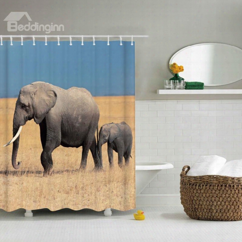 3d Mouldproof Moving Elephant Father And Sonp Rinted Polyester Bathroom Shower Curtain