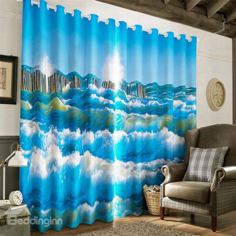 3d Navy Blue Waving Seas Printed Decorative And Room Darken Heat Insulated Living Room Curtain