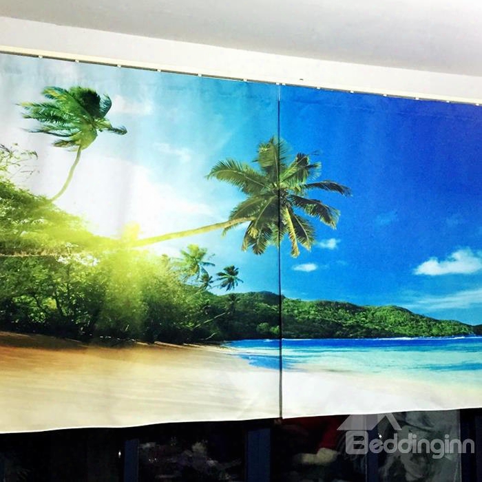 3d Palm Trees With Beautiful Beach Scenery Printed Polyester Custom Curtain