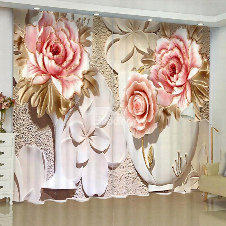 3d Pink Flower Printed Artificial Work 2 Panels Decorative Living Room Curtain