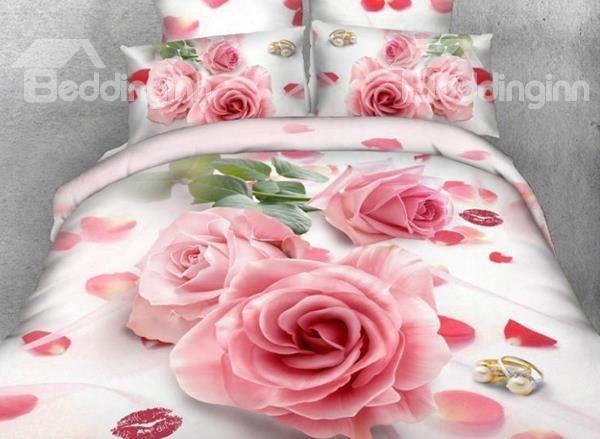 3d Pink Rose And Red Lips Printed Cotton 4-piece Bedding Sets/duvet Cover