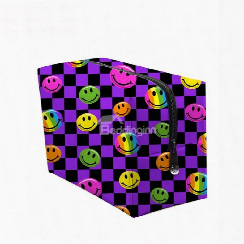 3d Portable Smiling Faces Printed Pv Purple Cosmetic Bag