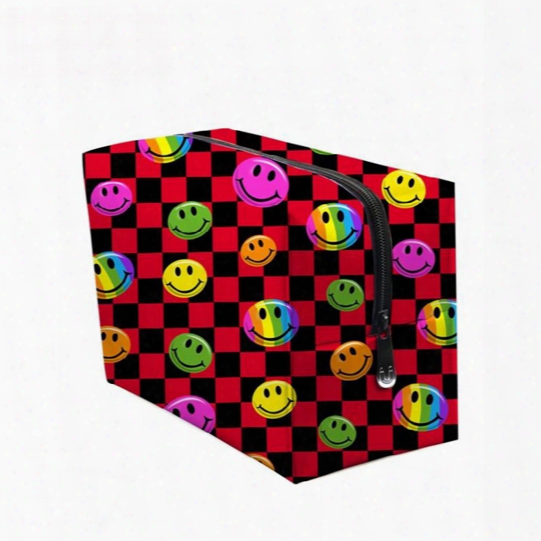 3d Portable Smiling Faces Printed Pv Red Cosmetic Bag