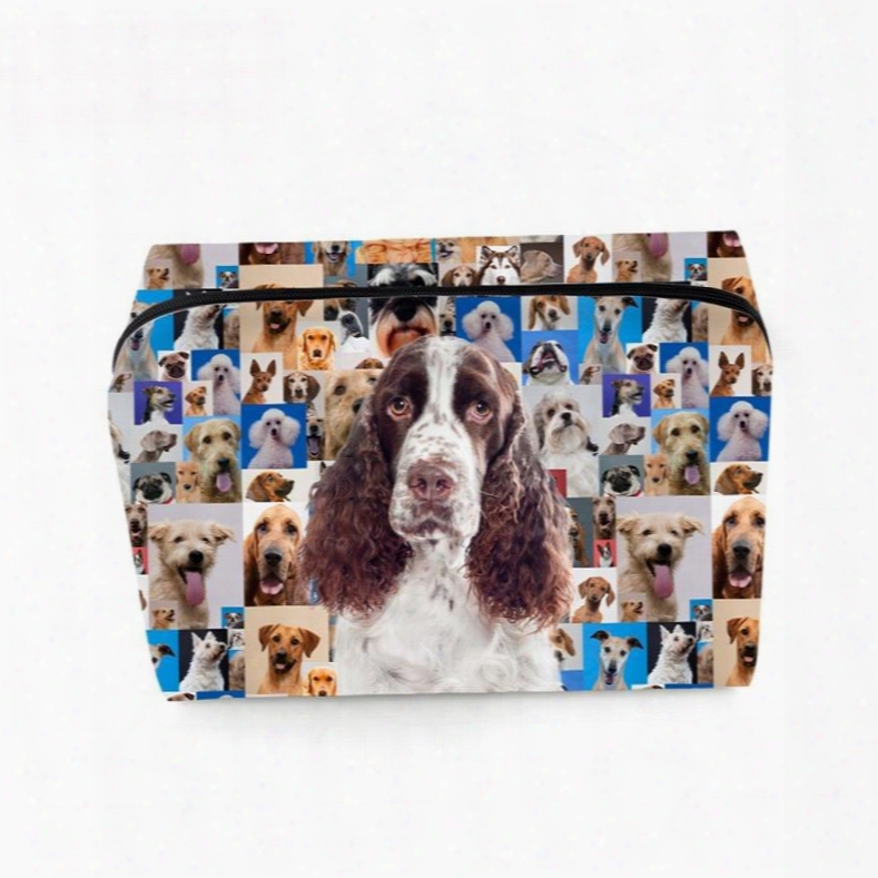 3d Portable White And Brown Hound Printed Pv Cosmetic Bag