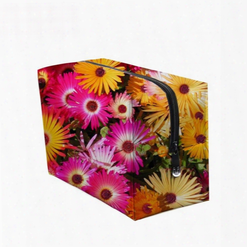 3d Portable Yellow And Pink Chrysanthemums Printed Pv Cosmetic Bag