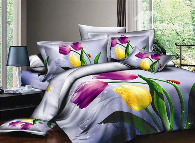 3d Purple And Yellw Tulips Pfinted Cotton 4-piece Bedding Sets/duvet Covers