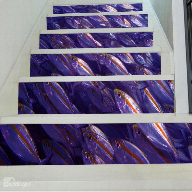 3d Purple Fishes 6-piece Pvc Waterproof Eco-friendly Self-adhesive Stair Mural