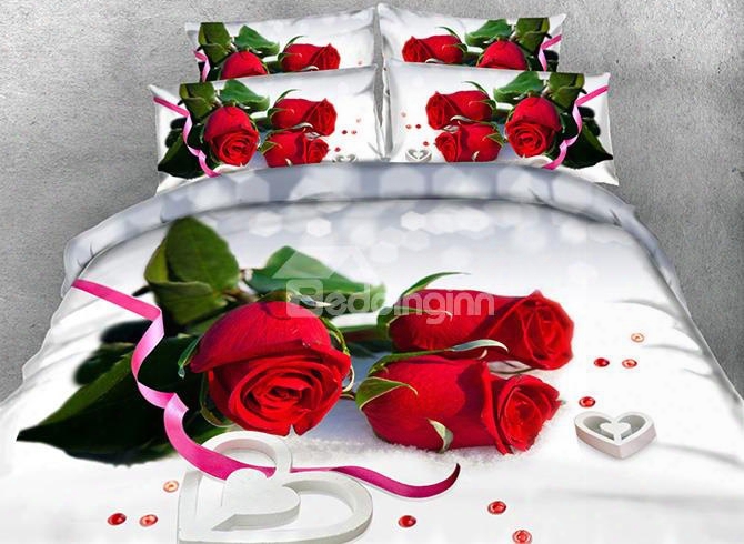 3d Red Roses Printed 5-piece Tencel Comforter Sets
