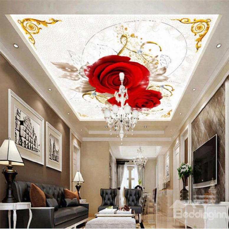 3d Red Roses Printed Pvc Waterproof Sturdy Eco-friendly Self-adhesive Ceiling Murals