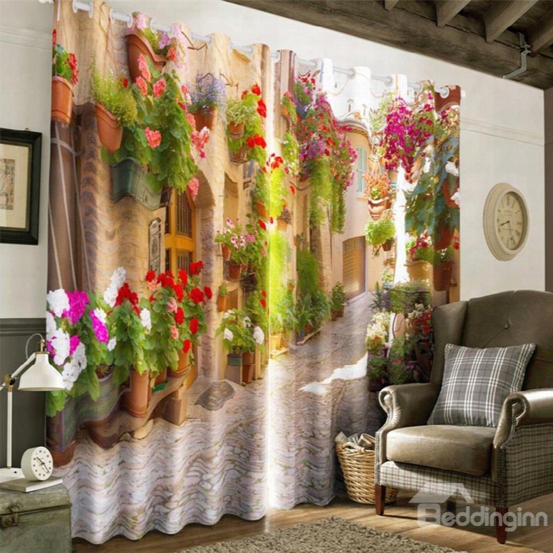 3d Retro Buildings With Flowers And Slate Road Printed Custom Curtain For Living Room