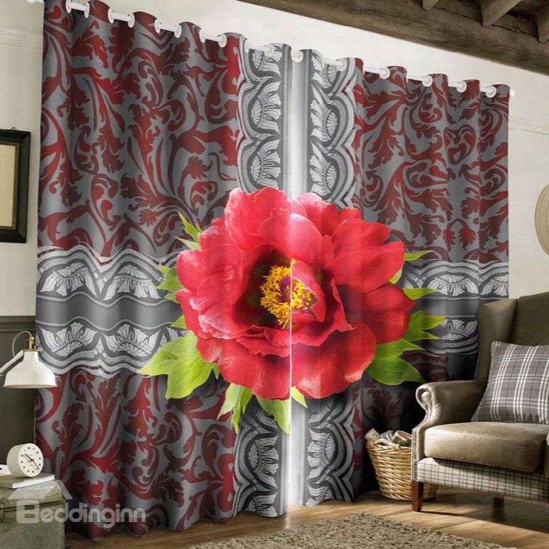 3d Retro Style Red Rose Printed Thick Polyester 2 Panels Blackout Custom Curtain