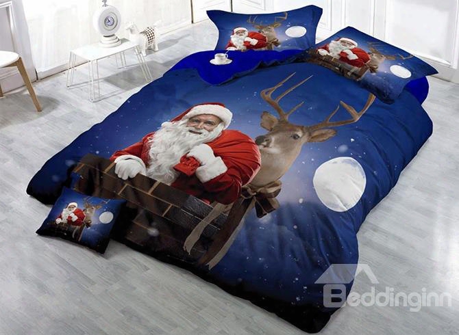 3d Santa Claus And Reindeer Christmas Night Cotton 4-piece Bedding Sets/duvet Covers