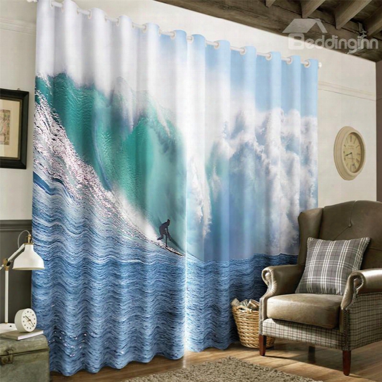 3d Surfing Man In The Rough Seas Printed Decorative And Light Insulation Window Curtain