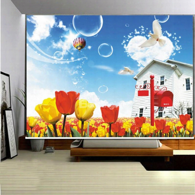 3d White Doves And Tulips Printed Beautiful Scenery Polyester Blackout Curtain Roller Shades