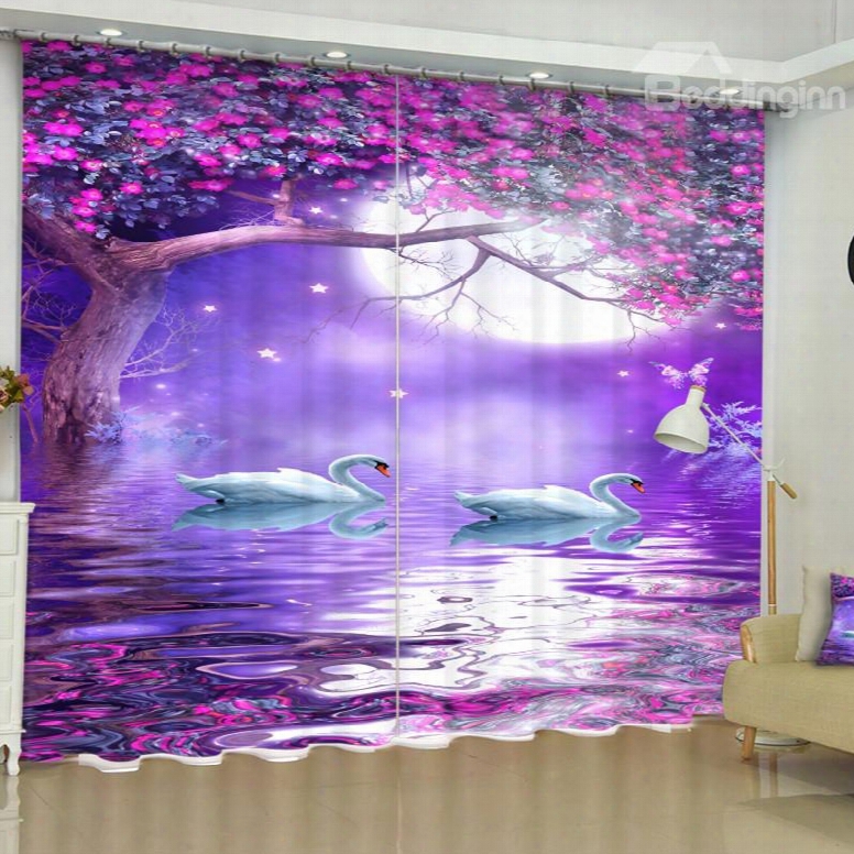 3d White Gooses And Purple Blooming Trees Printed Romantic Style Custom Curtain