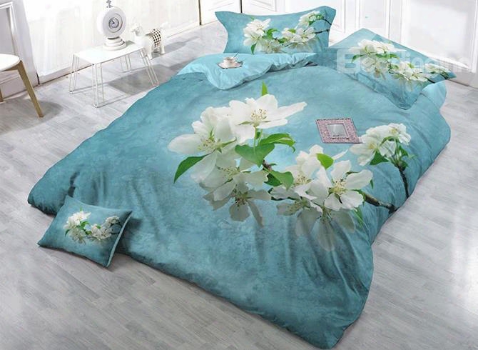 3d White Pear Blossoms Printed 4-piece Bedding Sets/duvet Cover