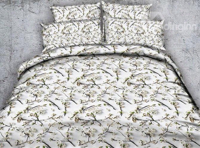 3d White Plum Blossoms Printed 4-piece Bedding Sets/duvet Covers