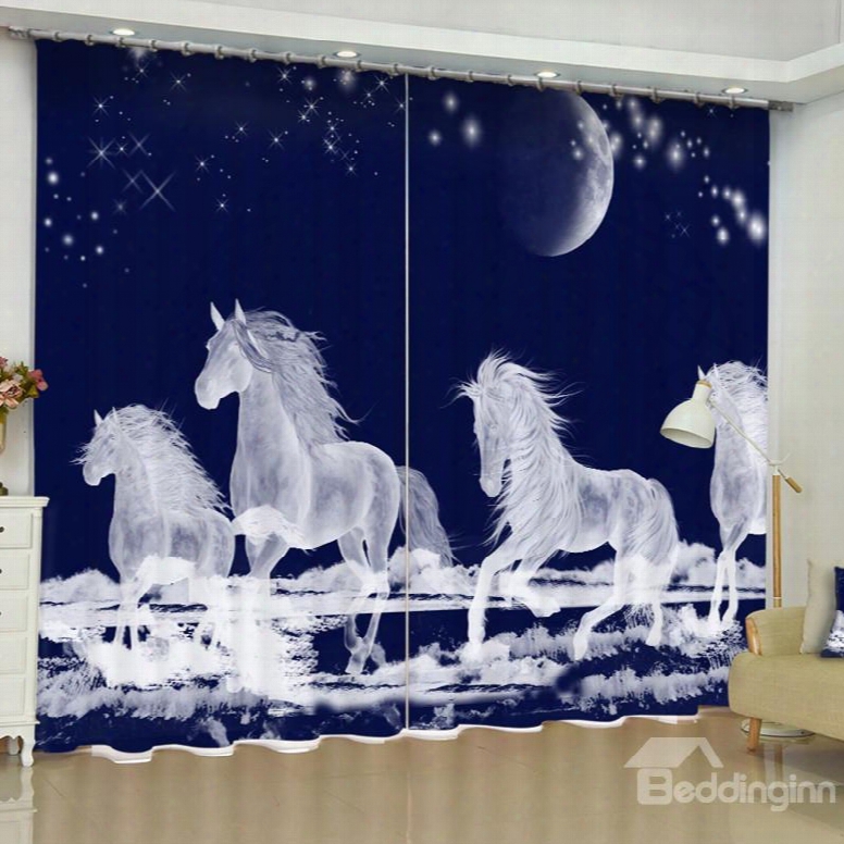 3d White Running Unicorns Printed Polyester Cotton Custom Living Room Curtain