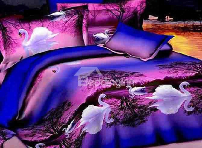 3d White Swans In Water Printed Polyester 4-piece Purple Bedding Sets/duvet Covers