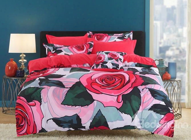 Adorila 60s Brocade Red Roses And Green Leaves Pattern  4-piece Cotton Bedding Sets